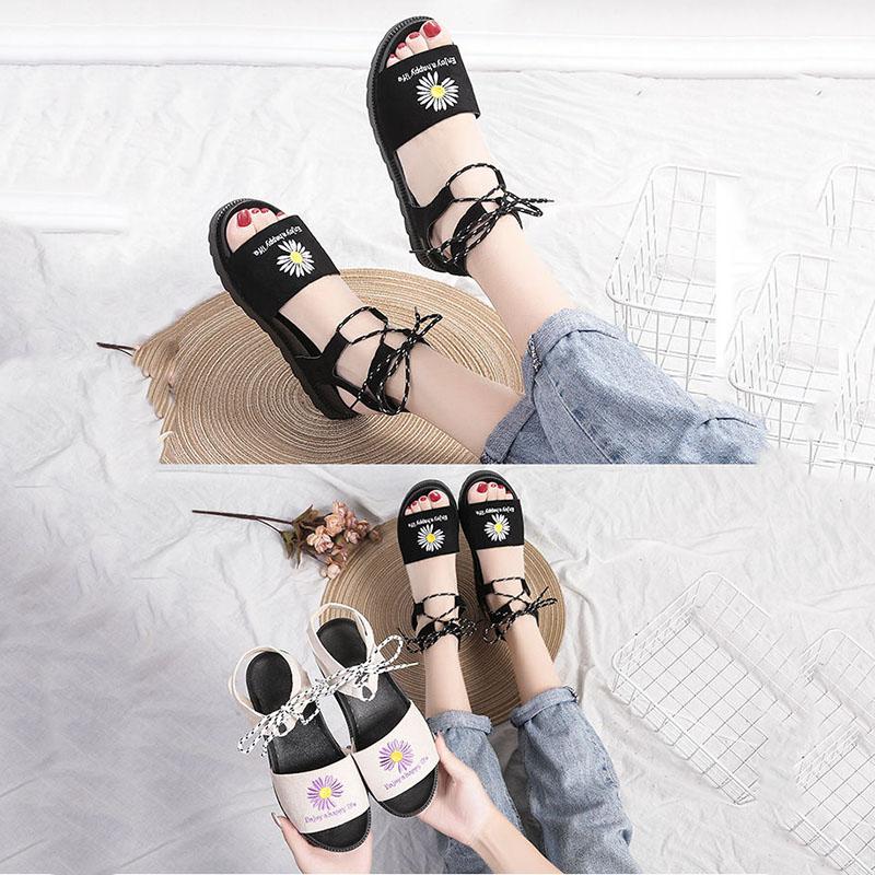 Net Red Daisy Sandals Korean Style All-match Summer Shoes for Students New Lace-up Roman Women's Shoes