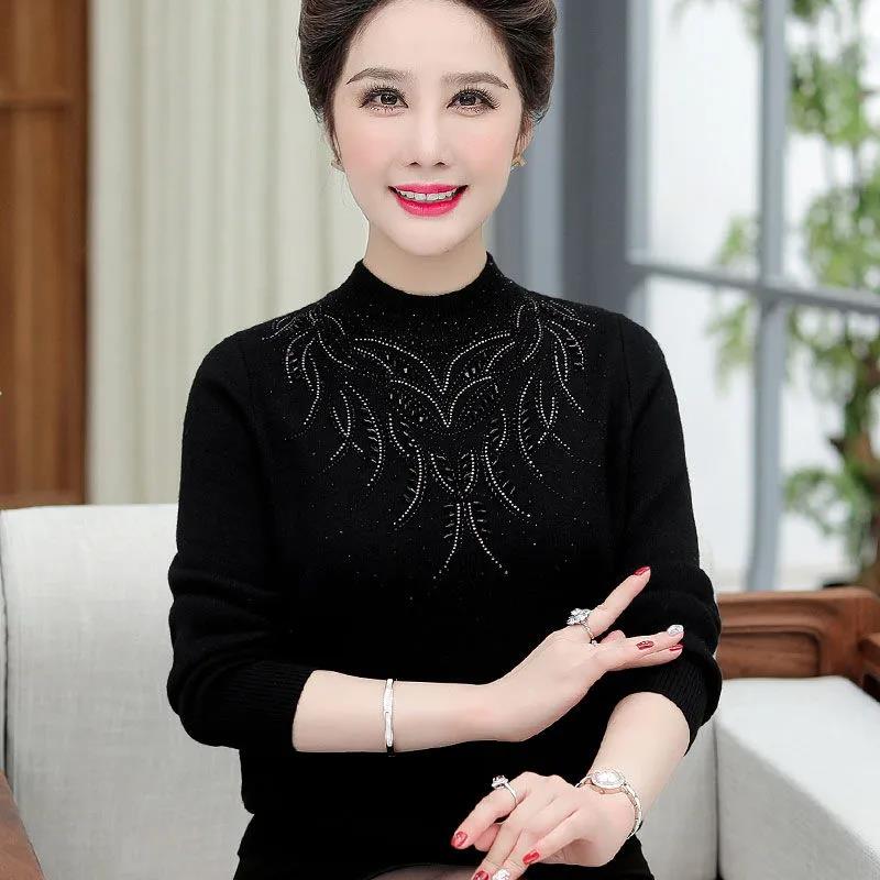Middle-aged and Elderly Women's Mother Wear Knitted Sweater Loose Plus Size Plus Velvet Thick Bottoming Shirt