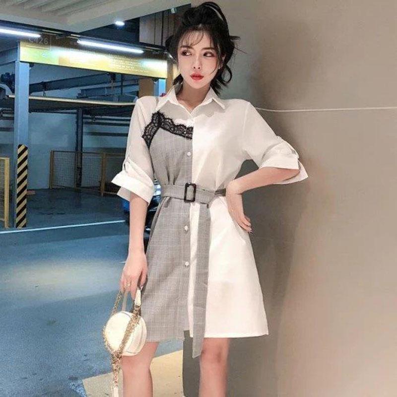 Women Shirt Dress Summer  Female Plus Size Slim Lace Plaid Stitching Midi Dress Elegant Dress with Sashes