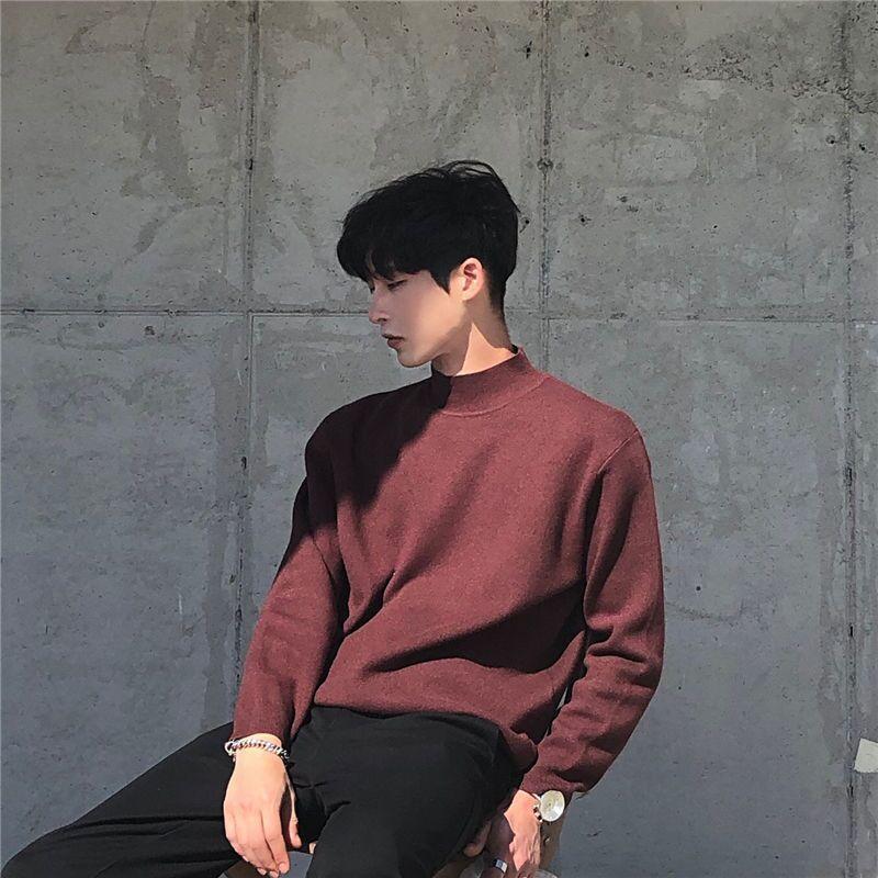 Autumn and Winter Thick Solid Color Knitted Half High Neck Micro Korean Loose Bottoming Sweater Men