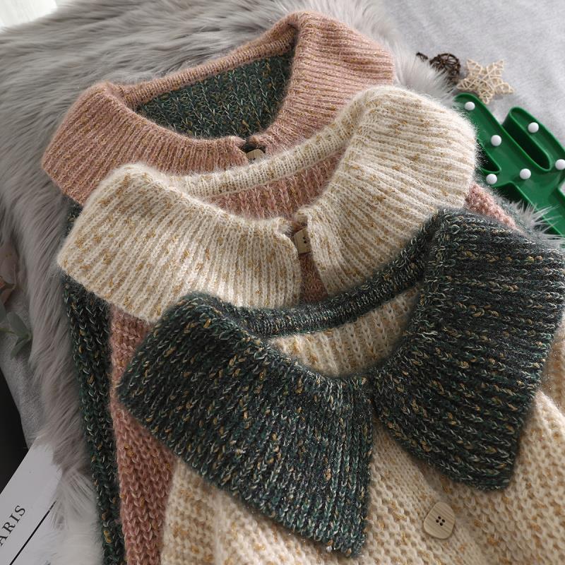 Short Doll Collar Sweater Cardigan Women's Spring and Autumn Sweet and Loose Student Sweater Coat Thickening