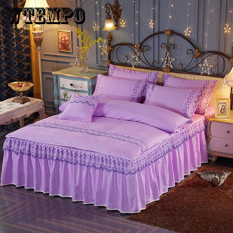 Solid Color Washed Bed Skirt Set 200x230CM Size Bedding Bedsheet Bedspread Pillowcase
