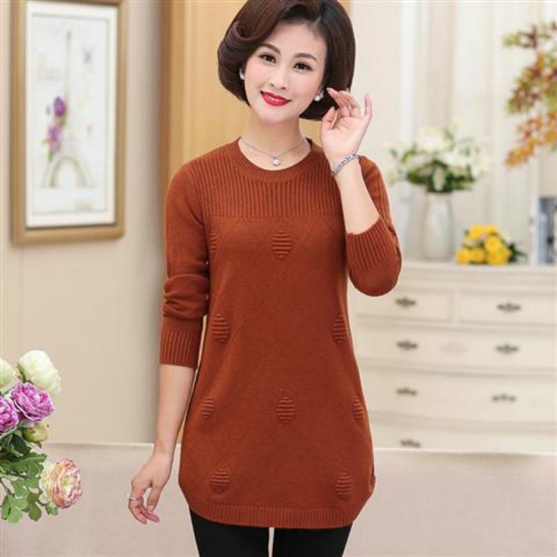 Pofulove Mid-length Sweater Casual Sweater Knitted Base Middle-aged and Elderly Women's Plus Size