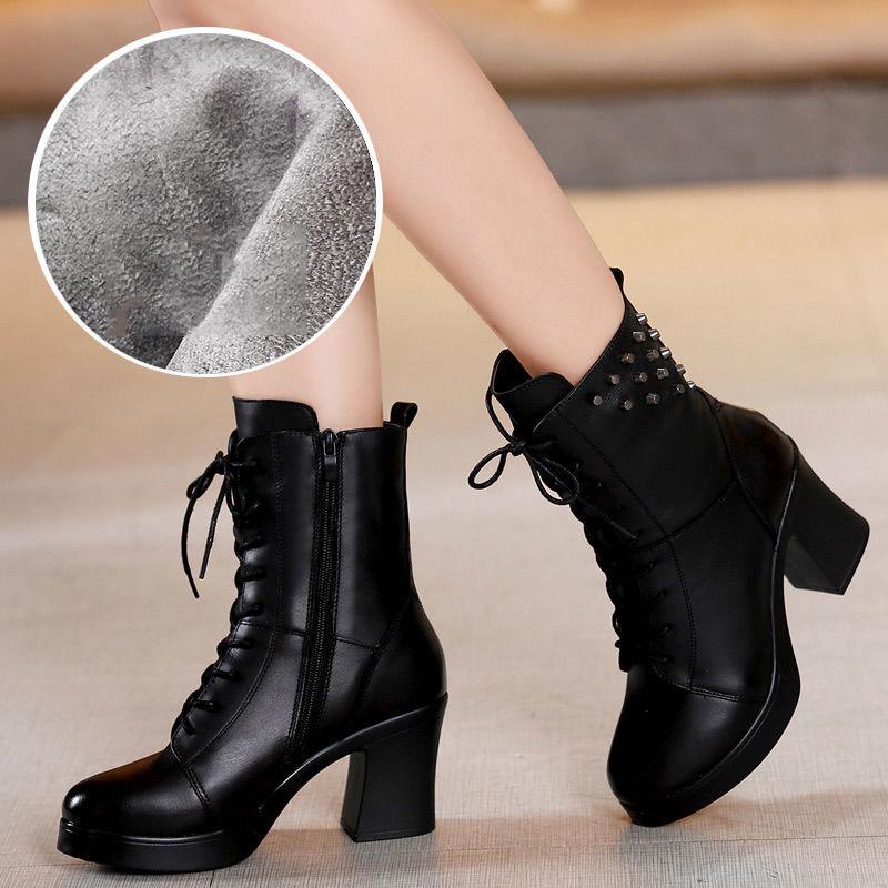 Boots Women Ankle Boots Genuine Leather Women Round Toe Chelsea Boots High Heel Boots Snow Boots