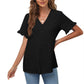 Spring and Summer Women's Casual Ruffled Short-sleeved V-neck Button-up Top European and American Solid Color Shirt