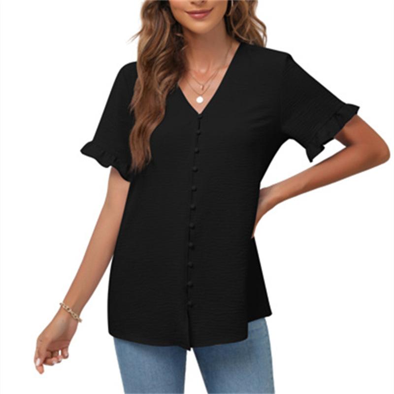 Spring and Summer Women's Casual Ruffled Short-sleeved V-neck Button-up Top European and American Solid Color Shirt