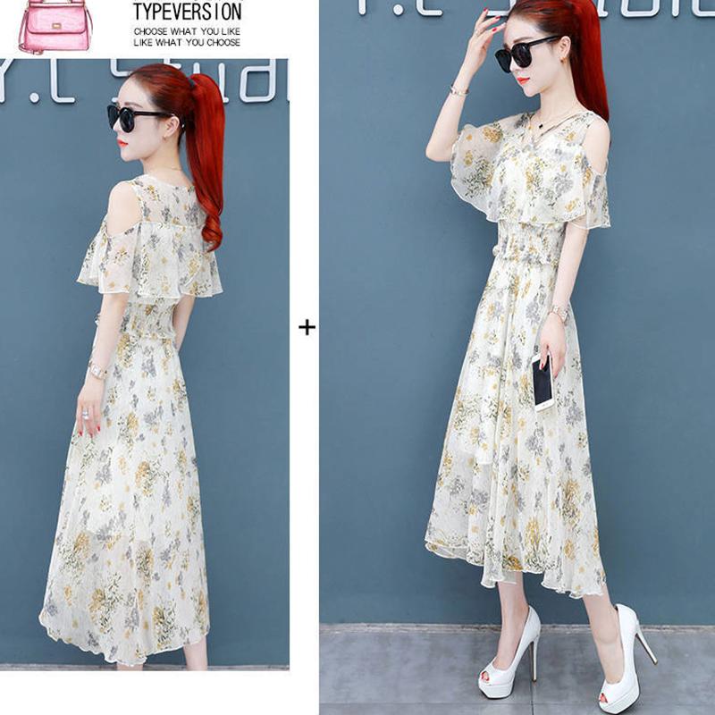 Temperament Floral Dress Women's Summer All-match Off-the-shoulder Waist-swinging Mid-length Chiffon A-line Skirt Fabric Light and Breathable