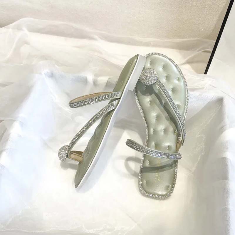 Women Sandals and Slippers Summer Rhinestones High-heeled Sandals Shiny Thin Strap Flip-flops Simple Thick-heeled Slippers All-match Beach Sandals