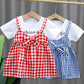 Children Dress Spring Summer Round Neck Kids Clothing Toddler Baby Girls Clothing Plaid Bow Pieated Short Sleeve Dress Girl