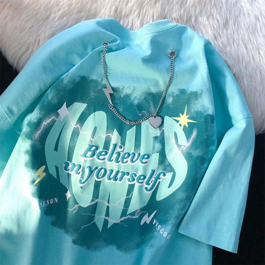 Necklace Short-sleeved Women's Trendy Design Sense Niche Students Korean Version of The Loose T-shirt Women's Ins Wind Salt Top