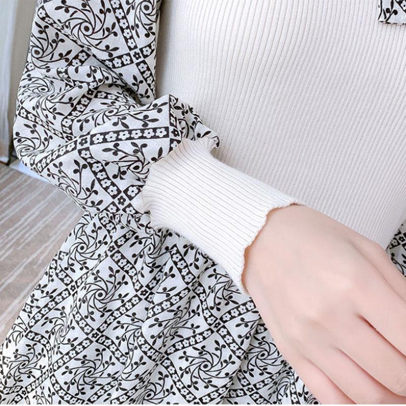 Women's Autumn and Winter Long-sleeved Dress Puff Sleeve Mid-length Floral Dress Knit Bottoming Bow Dress