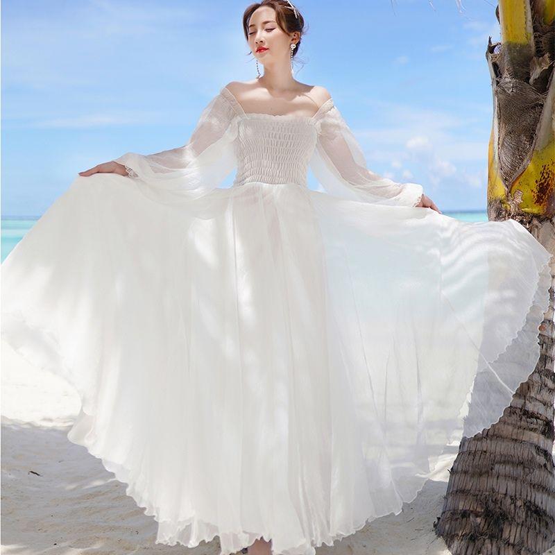 Woman skirt word shoulder chiffon dress female summer seaside beach skirt slim wild white dress