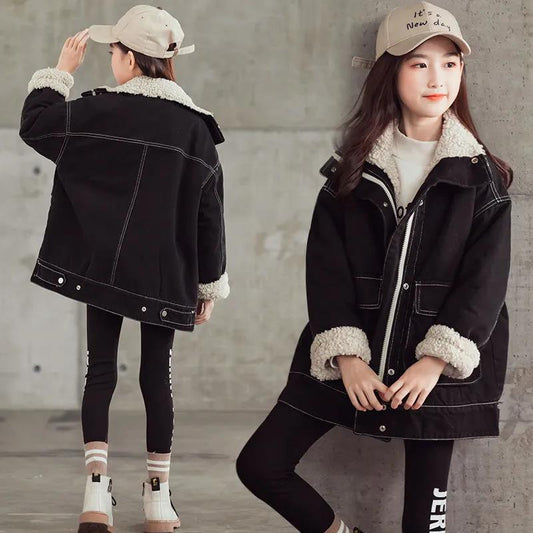 Girls' Warm Denim Jacket Autumn and Winter Clothes Fleece Padded Windbreaker