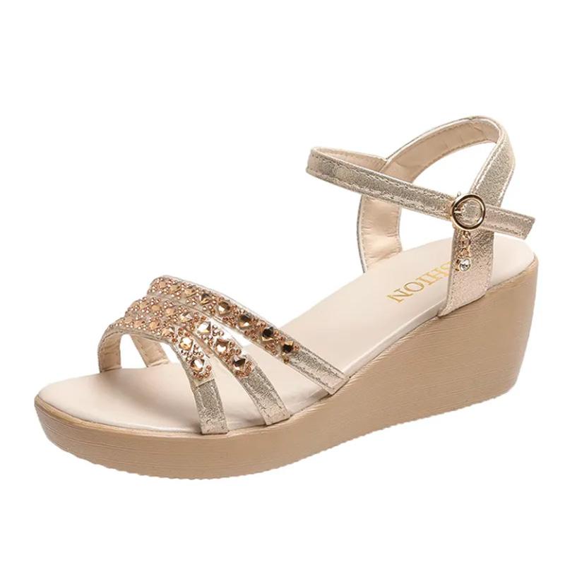Wedge Heel Sandals Female Fairy Wind All-match Rhinestone Thick-soled Sponge Cake Medium-heeled Non-slip Flat Shoes Women