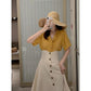 Summer Retro Goddess Skirt Two-piece Set V-neck Cotton Linen Short-sleeved Shirt High Waist Button Flower Edge A-line Skirt Suit
