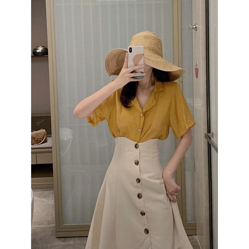 Summer Retro Goddess Skirt Two-piece Set V-neck Cotton Linen Short-sleeved Shirt High Waist Button Flower Edge A-line Skirt Suit