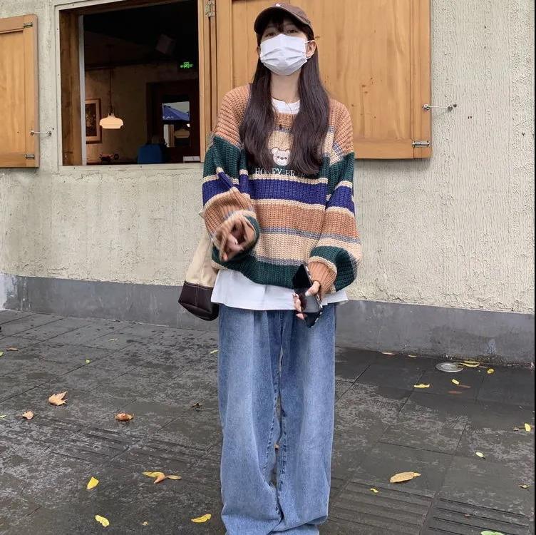 Japanese Cute Bear Mori Sweater Women's Loose Pullover Hit Color Striped Knitted Sweater Top