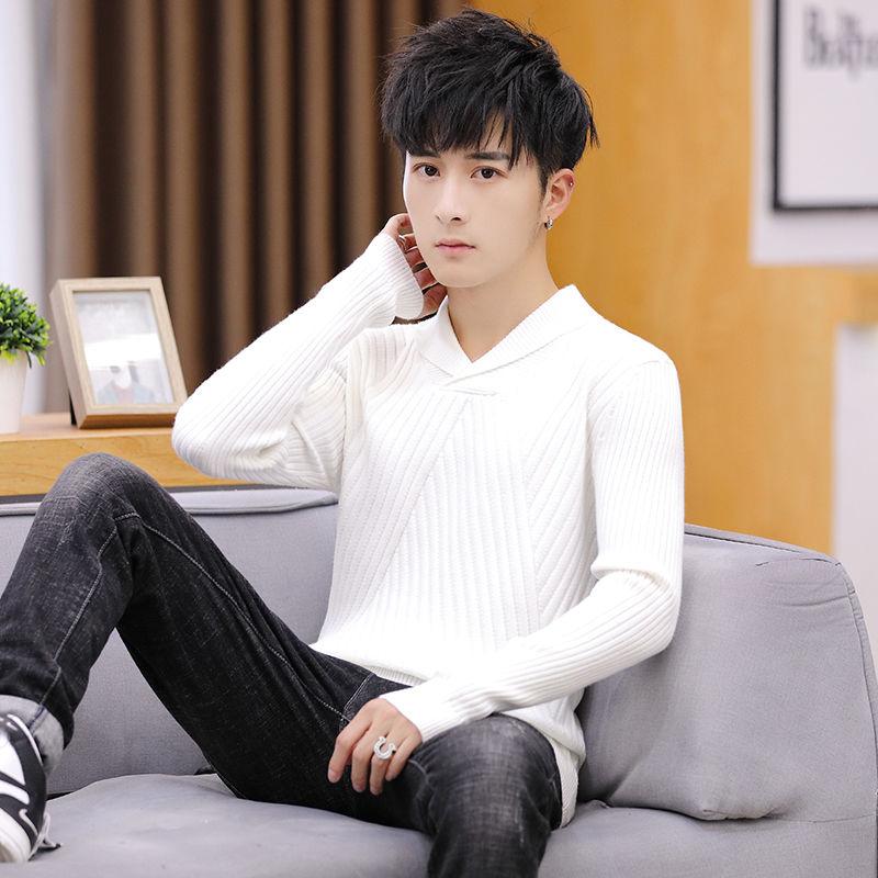 Autumn and Winter Fashion Casual Sweater Men's Lapel Sweater Solid Color Long-sleeved Personality Top Youth Bottoming Shirt