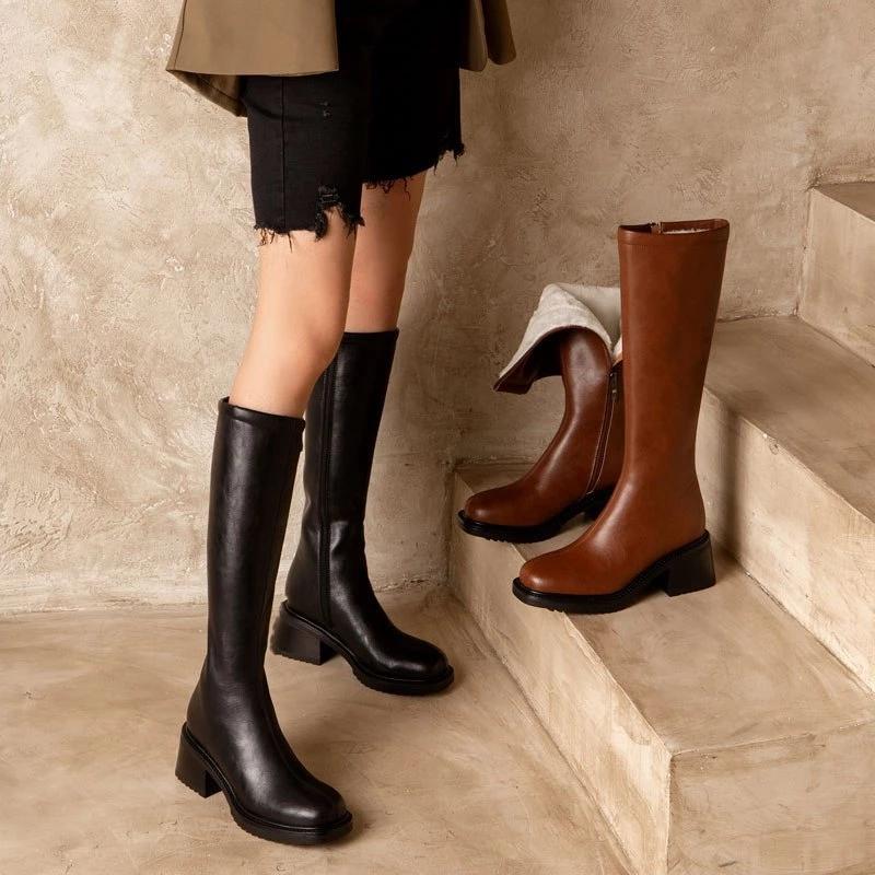 Vintage Women Boots Winter Shoes Knee High Riding Boots Leather Ankle Booties Black Brown Fur Warm Boots Fashion