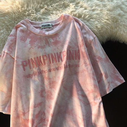 Gradient Embroidery Short-sleeved T-shirt Male Pink Wild Retro Half Sleeve