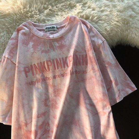 Gradient Embroidery Short-sleeved T-shirt Male Pink Wild Retro Half Sleeve