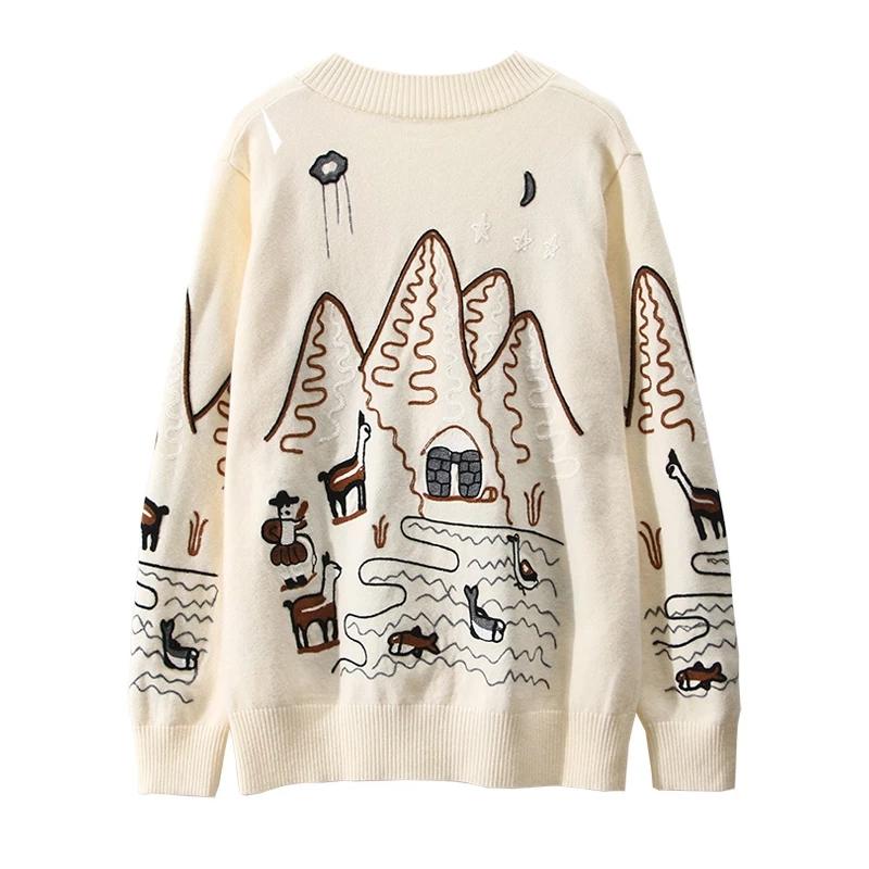 Embroidery V-Neck Oversized Cardigan Long Sleeve Single Breasted Button Knitted Sweater