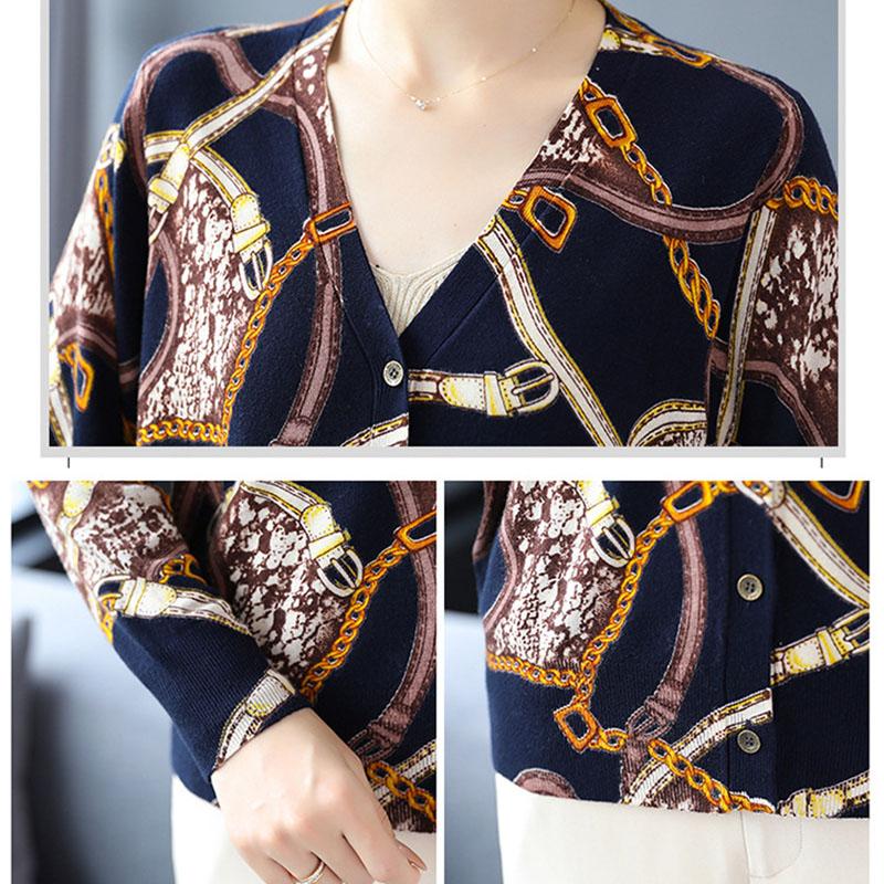Women Printed  Cardigan Sweater Autumn Winter Long Sleeve V-Neck Casual Knitted Cardigan Elegant Female Tops Knit Jacket Coat