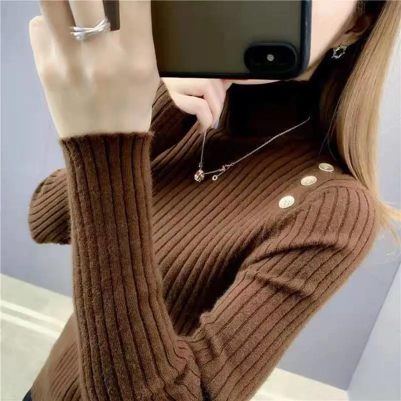Half Turtleneck Button Sweater Women's Large Size Loose Pullover Bottoming Shirt Thickened Warm Knit Sweater