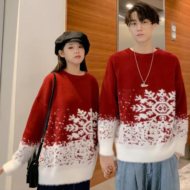 WTEMPO Lovers Snowflake Print Sweater Soft Casual Knitted Sweater Winter Thicken Warm Pullover Christmas Sweater