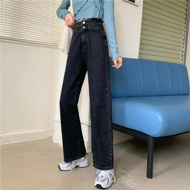 Spring Ins Retro High Waist Loose Straight Jeans Female Students All-match Thin Wide-leg Pants Trousers Tide