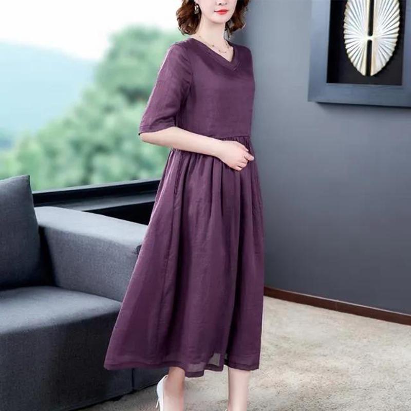 Violet Print Back Cotton and Linen Dress Women Spring and Summer V-neck  1/2 Sleeve Ethnic Style Solid Color Large Size Dress
