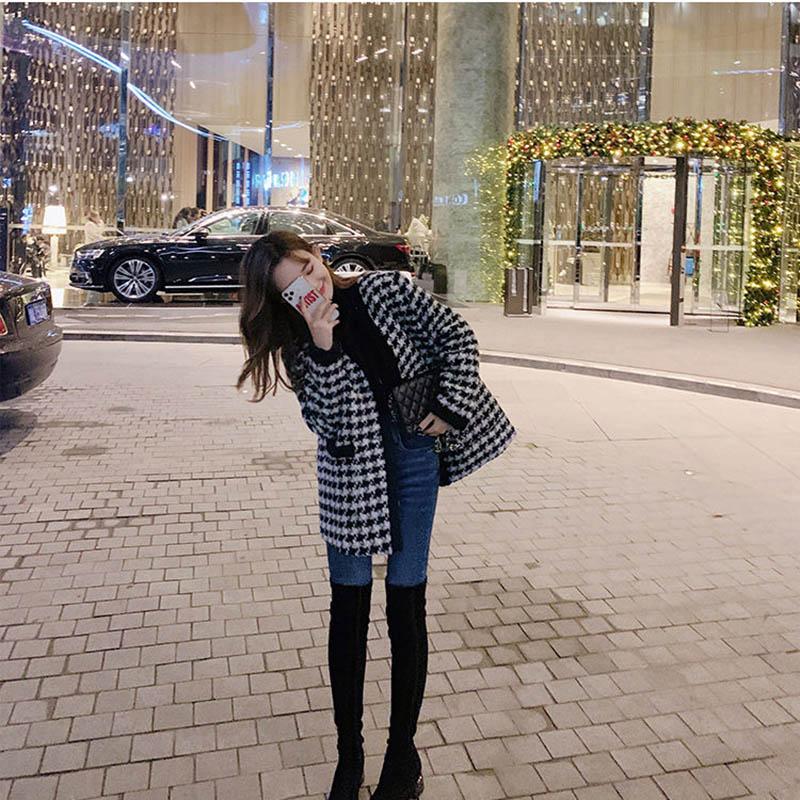 Little Fragrant Houndstooth Jacket Women Autumn and Winter Black and White Plaid Loose Short Thick Woolen Coat