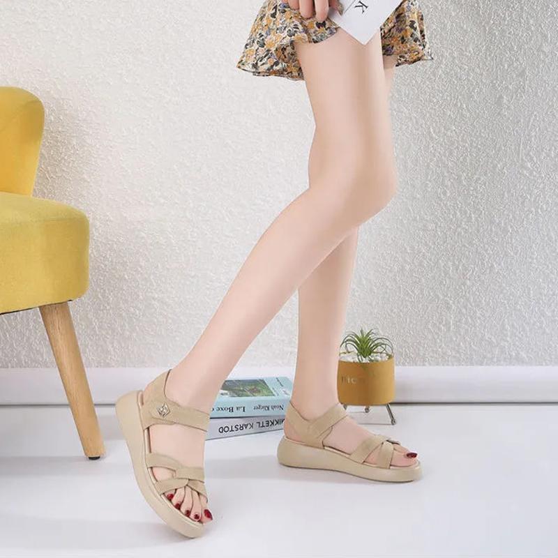 Women's Thick-soled Leather Sandals Summer Student Platform Casual Shoes Velcro Mid-heel Soft-soled Sandals Beach Shoes