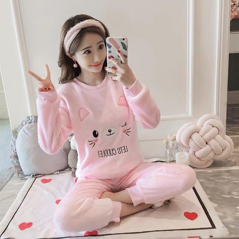 Winter Thickening Plus Velvet Women's Pajamas Suit Fashion Flannel Cartoon Outer Wear Cute Sweet Home Service