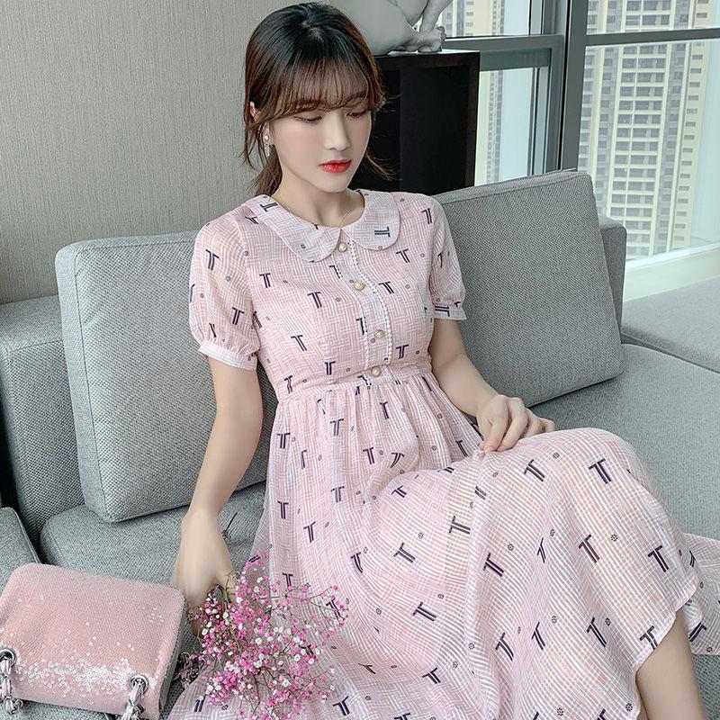 Pink Chiffon Dress Female Summer Can Be Salty Can Be Sweet Temperament Was Thin A-line Skirt Ladies Mid-length Dress