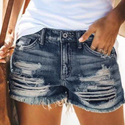 European and American Women's High Waist Fringed Ripped Denim Shorts