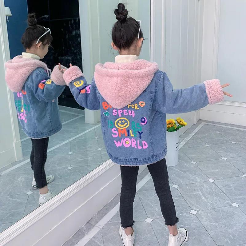 Girls Winter Denim Jacket Plus Velvet Thick Windproof Warm Top
