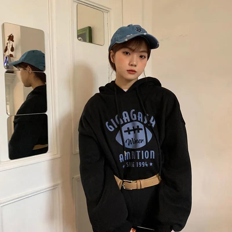 Autumn and Winter Women's Hooded Hoodie Korean Loose Large Size Plus Velvet Thick Letter Coat