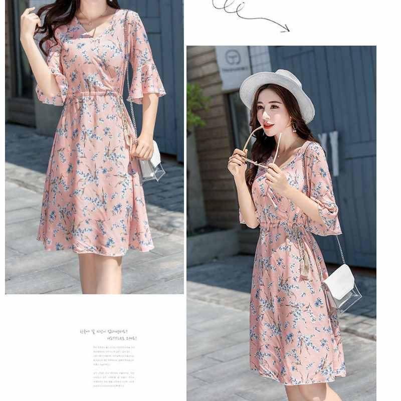 Fashion Summer Cotton Dress Mid-length Elasticated Wasit Printed Dress V-neck Flared Sleeves Dress