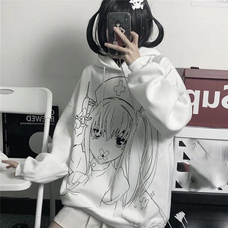 Women Hoodies Anime Sweatshirt White Hooded Oversized Tracksuit Autumn Winter Hooded Sport Shirts