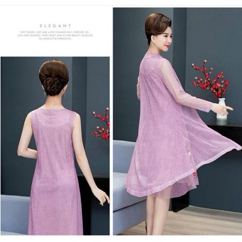 Chiffon Shirt + Dress 2pcs Suit  Women's Sun Protection Clothing Sun-Dress Mid-length Plus Size Shawl Loose Outer Chiffon Cardigan Thin Coat Beach