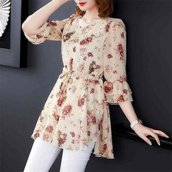 M-5XL Women's Spring and Summer Large Size Ice Silk Tops Female Half Sleeve Floral Printed Shirts