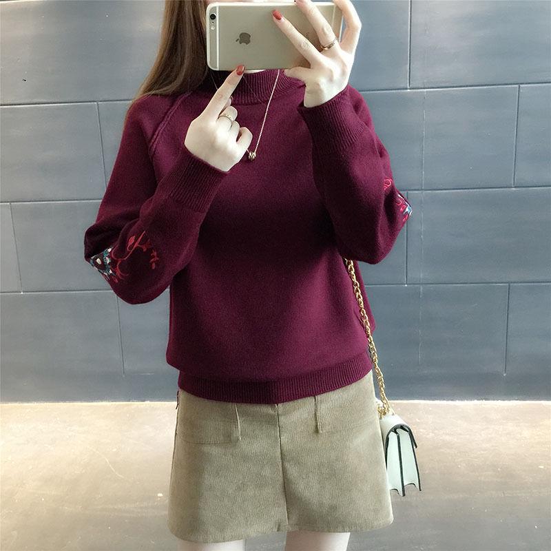 Casual Autumn Winter Turtleneck Sweater Women Embroidery Knitted Sweaters Warm Pullover Sweater