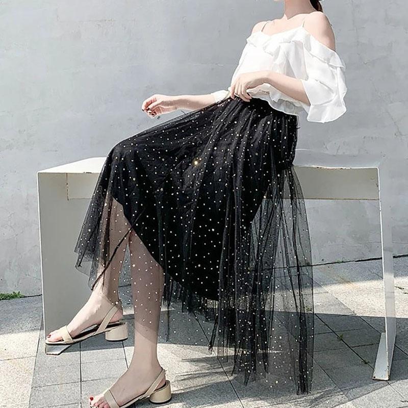 Women A-line Skirts Girls Elastic High Waist Slim Double-layered Gauze-lined Mesh Skirt Solid Color All-match Sequined Skirts