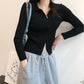 Polo Collar Knitted Cardigan Women's Thin Slim Slimming Short Double-headed Zipper Long-sleeved Top