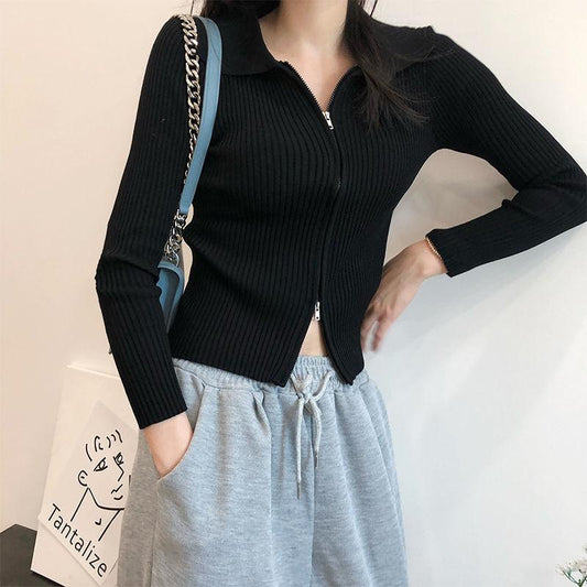 Polo Collar Knitted Cardigan Women's Thin Slim Slimming Short Double-headed Zipper Long-sleeved Top