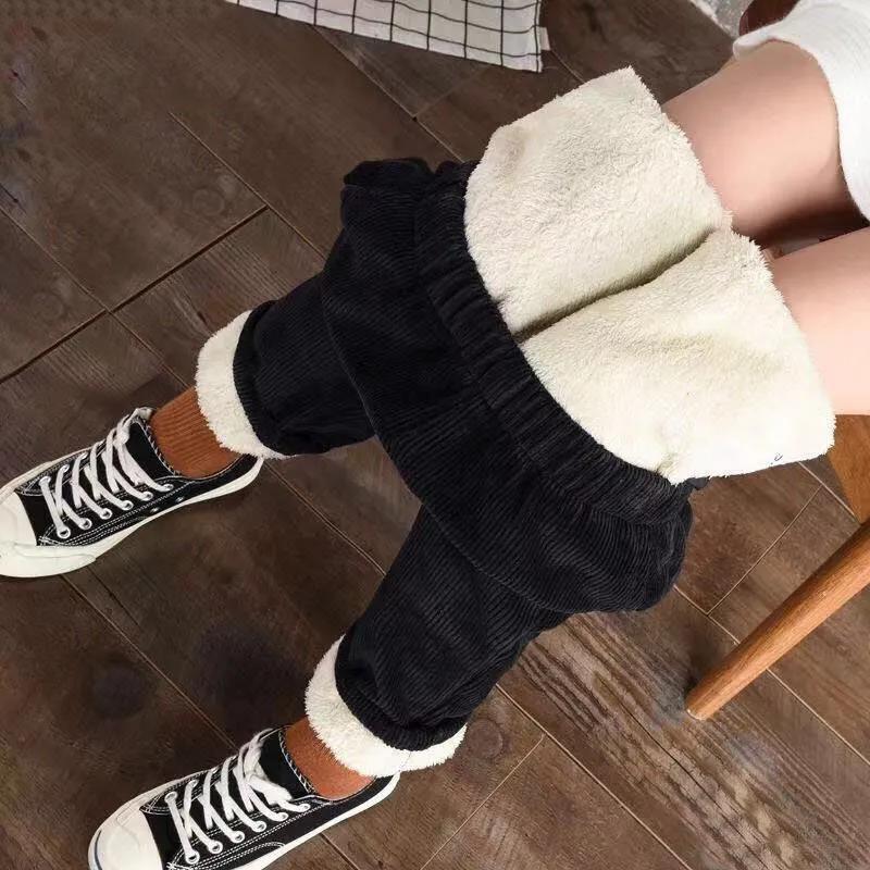 Plus Velvet Autumn and Winter Corduroy Pants Radish Pants Plus Velvet Stretch Loose Deep Pocket Women's Trousers Large Size Was Thin