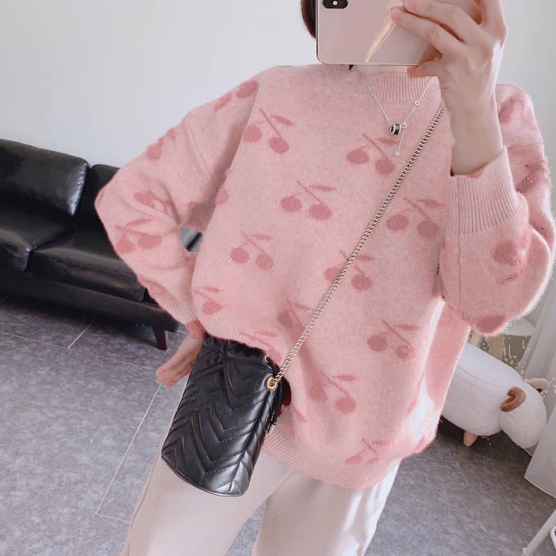 Women Knitwear O-Neck Loose Solid Color Cherry or Heart Print Sweater Pullover Jumper Top