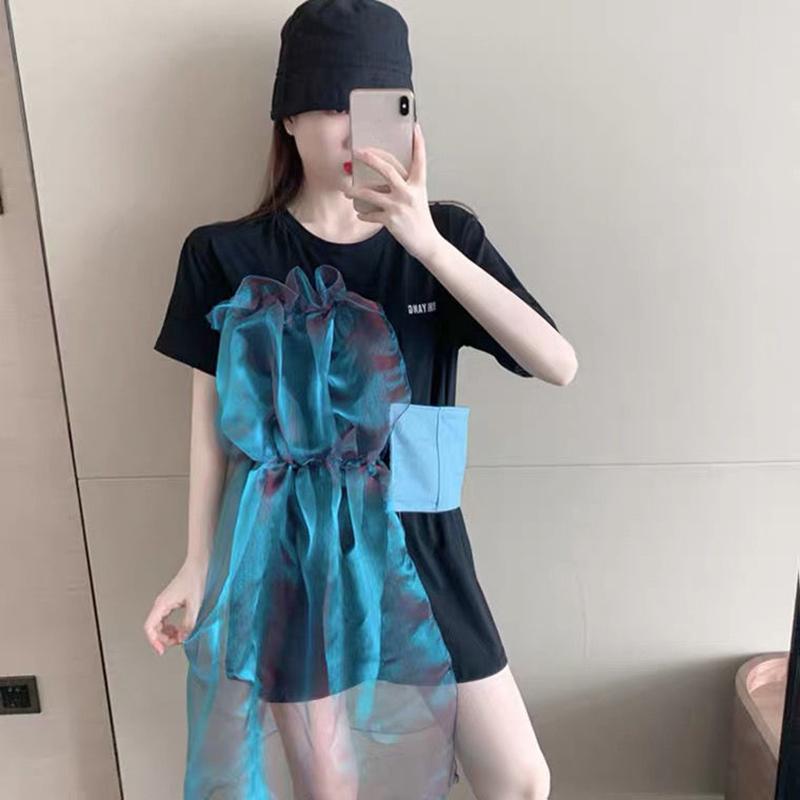 Design Sense Summer Organza Fold Irregular Denim Mesh Stitching Cotton Short-sleeved T-shirt Women