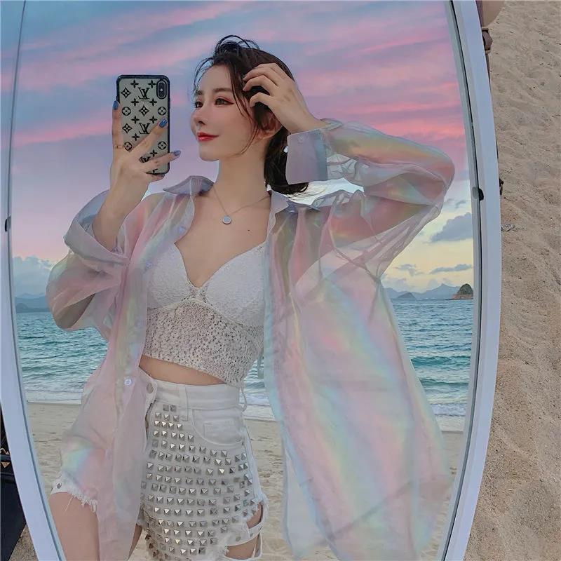Shining Blouses Shirts Women's Sun Protection Plus Size Loose Outer Thin Beach Coat Shirts with A Strap on The Back